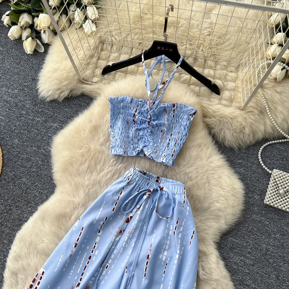Korean style commute chic two-piece set: women's summer printed tank top and wide-leg pants outfit - high-waisted, slimming, and fashionable