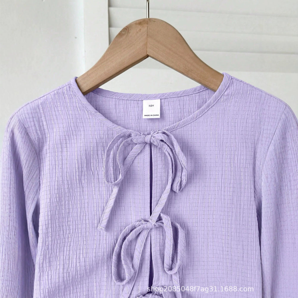 european and american women's clothing, new trendy, fashionable, sweet, casual, tie-up, round neck, puff sleeve, long-sleeved shirt