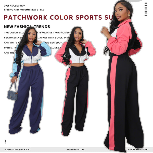 M3087 European and American women's clothing  autumn and winter long-sleeved turtleneck splicing contrasting color short jacket wide-leg pants sports suit