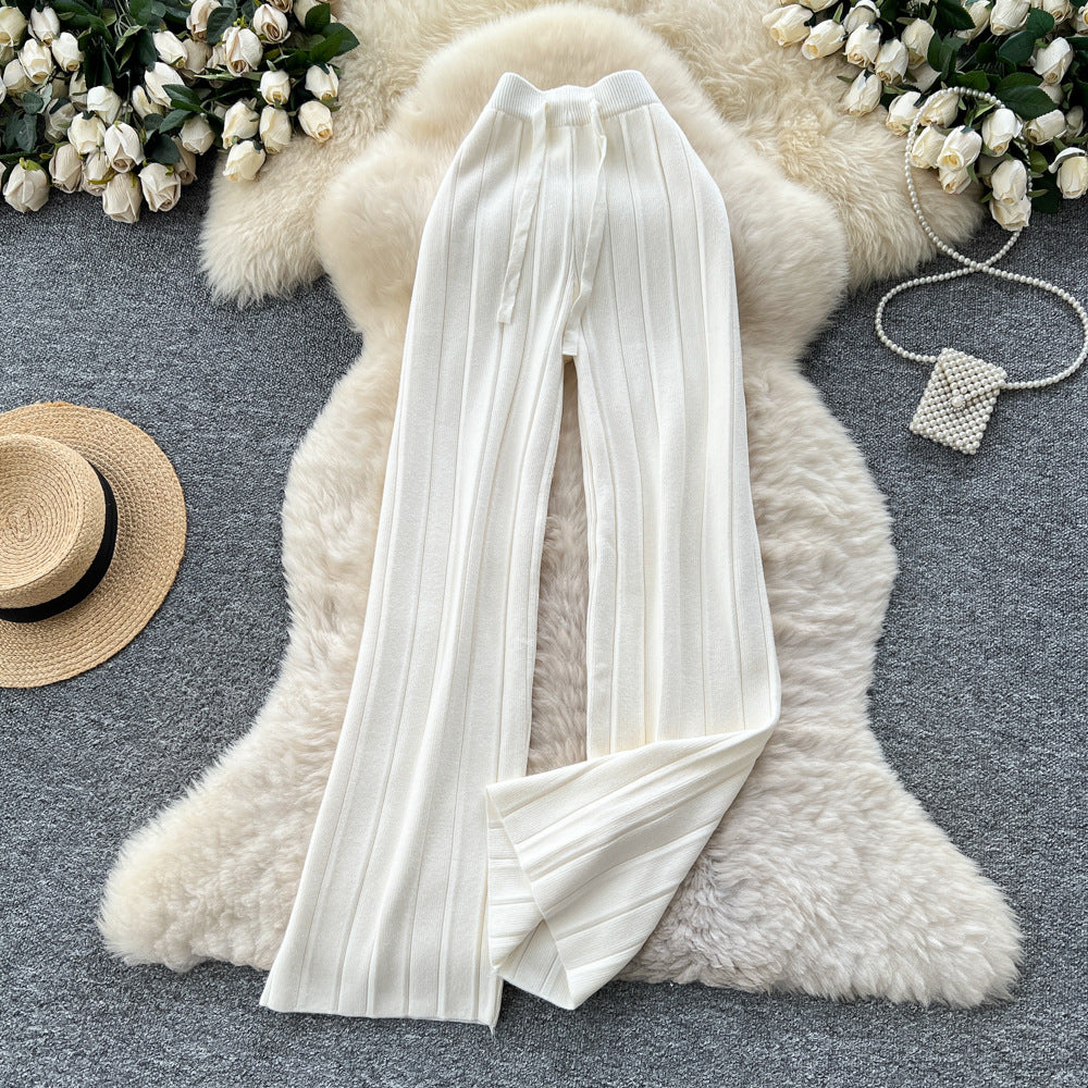 Lazy casualeasiest for matchknittingloose pants for women 2025fall and winterlooseslimming look elastic waist vertical pattern sweaterstraight-leg pants