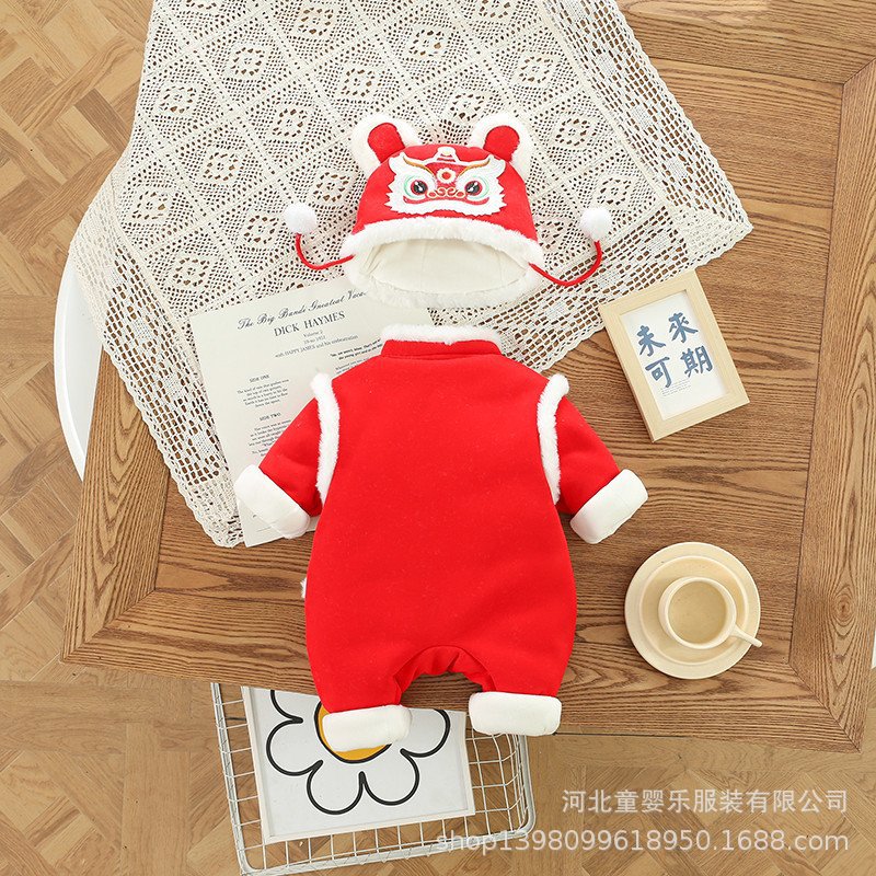 Infant and toddler winter clothing, baby's new year's greetings outfit, winter one-piece red thickened outerwear, festive new year's greetings outing clothes