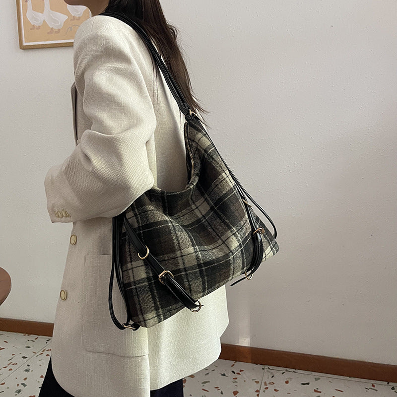 Retro plaid large-capacity bag women's 2025 new trendy college woolen tote bag casual backpack bag