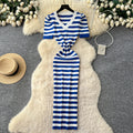 Korean chic goddess style high-end fashion color block striped v-neck puff sleeve cinched waist slimming knitted dress