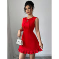 Women's round neck bow design front cut sleeveless silm hem color block ruffles mini dress