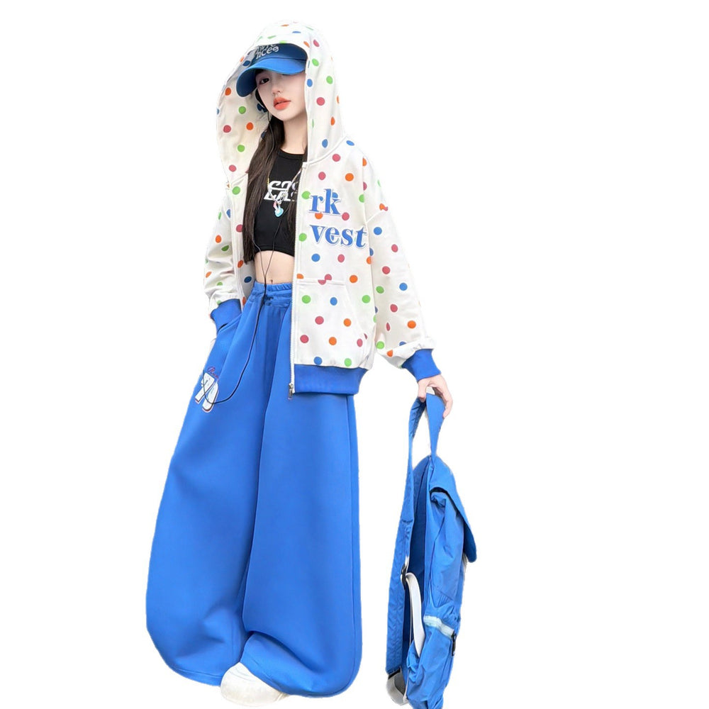 Girl's high street colorful polka dot hooded loose-fit set - effortless style  spring/autumn niche cardigan two-piece outfit