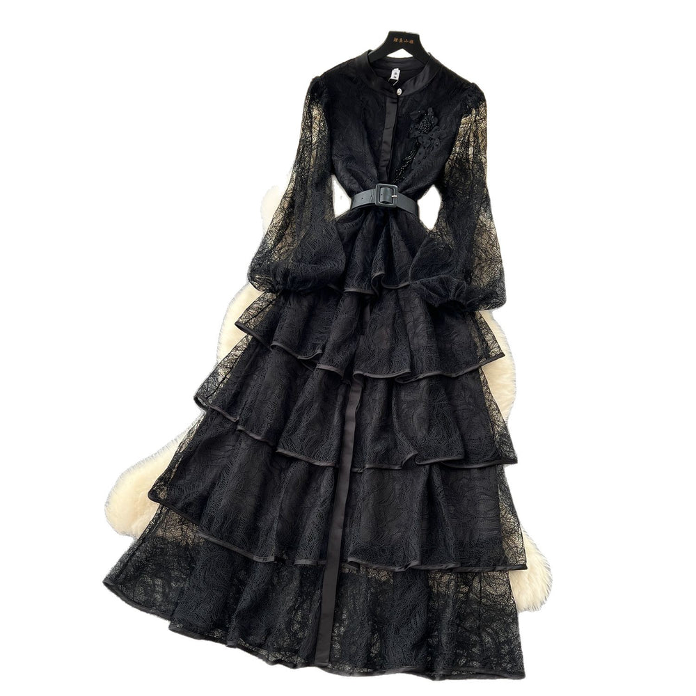 French chic luxury beaded floral tie-waist lantern sleeve single-breasted lace ruffle dress
