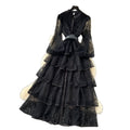 French chic luxury beaded floral tie-waist lantern sleeve single-breasted lace ruffle dress