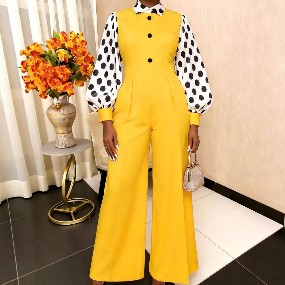 fashion suit lapel jumpsuit silm buttoned polka dot lantern sleeve jumpsuit jumpsuits