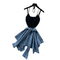 K-stylefake two-piece grids pattern patchwork suspender dress female summer strap halterslimming lookasymmetricalretro skirt
