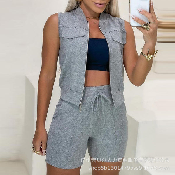 LZR18238 New 2024 Women's Grey Sleeveless Patch Bag Cardigan Jacket Set Shorts (2-piece set)