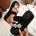 plus size beach slippers for women summer outwearthick sole high-heeled cool women's k-style seaside flower wedge toe slippers