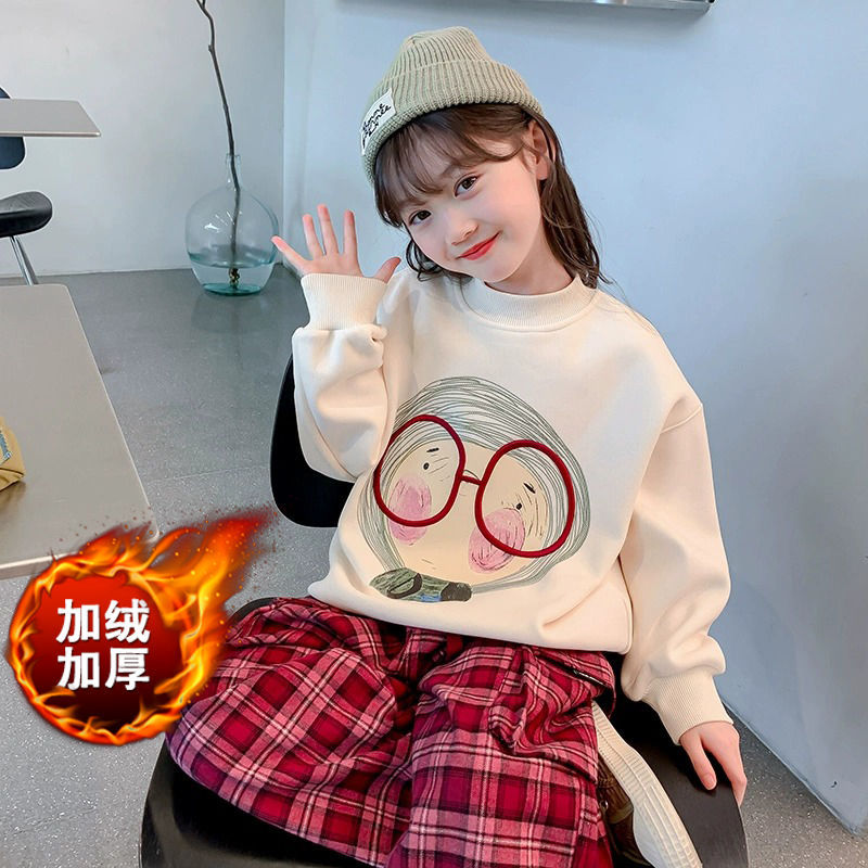 Girls' winter fleece-lined sweatshirt,  new stylish kids' autumn/winter thickened round neck top for little girls