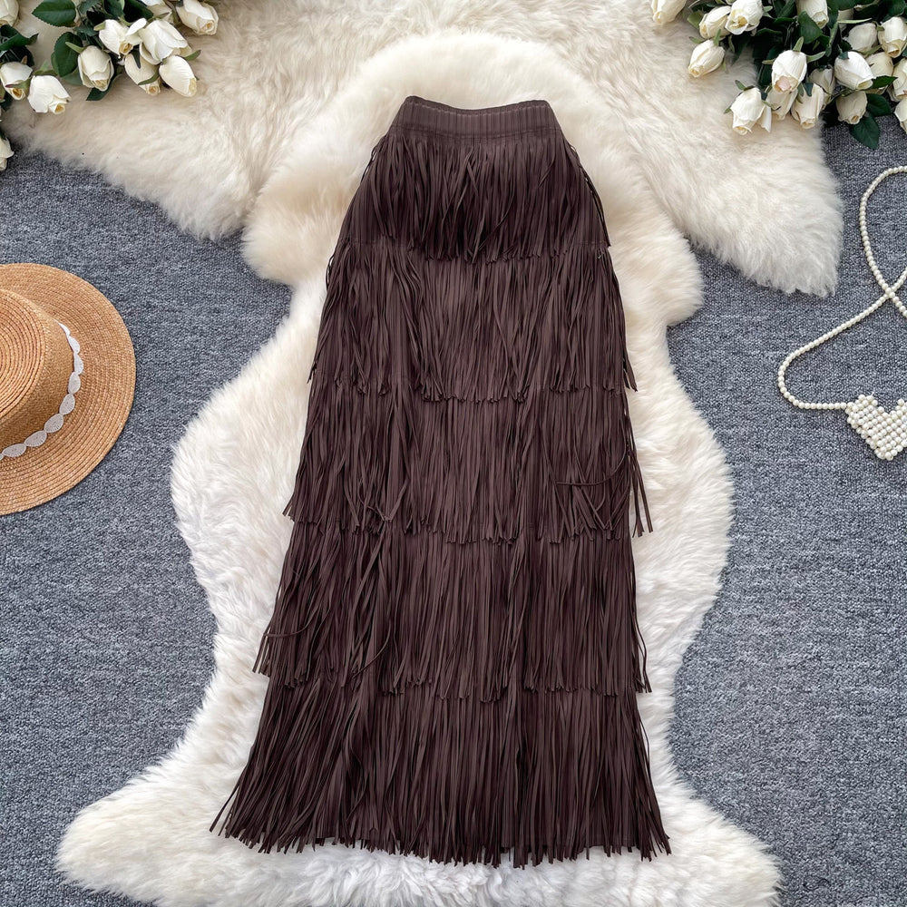 Retrocasual style tassel skirt women's high waist a-line skirt women's work clothingslimming look cake skirt niche style design classy sense