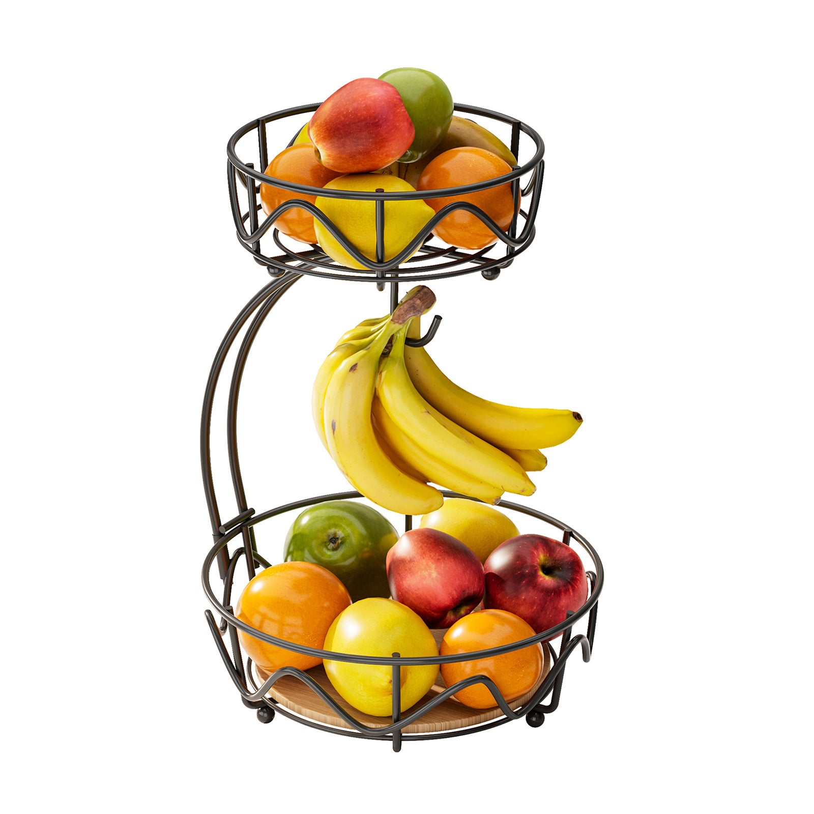 wrought iron fruit basket wooden bottom snack storage fruit plate banana hook round removable fruit and vegetable storage basket
