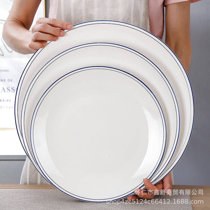 New double blue line shallow plate for home pure white cold dish plate large chopped pepper fish head plate hotel tableware can be added with word mark
