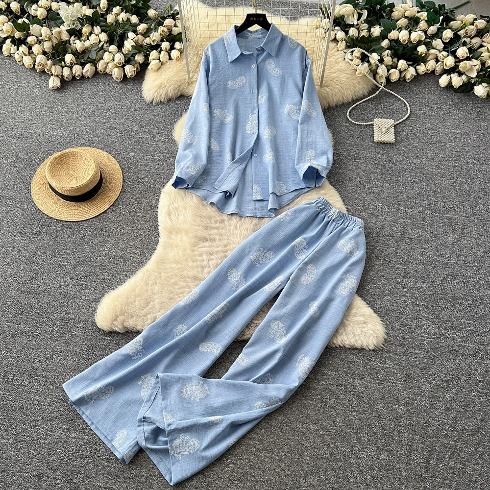 export retro print shirt & high-waisted wide-leg pants two-piece set - women's autumn/spring commute chic casual outfit