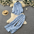 export retro print shirt & high-waisted wide-leg pants two-piece set - women's autumn/spring commute chic casual outfit
