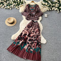 French chic leopard print two-piece set: women's autumn v-neck fitted top and flared pleated skirt