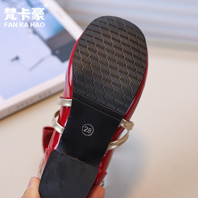 Vancahao kids chunky heel round toe mary jane leather shoes  new girls' cute bow princess shoes
