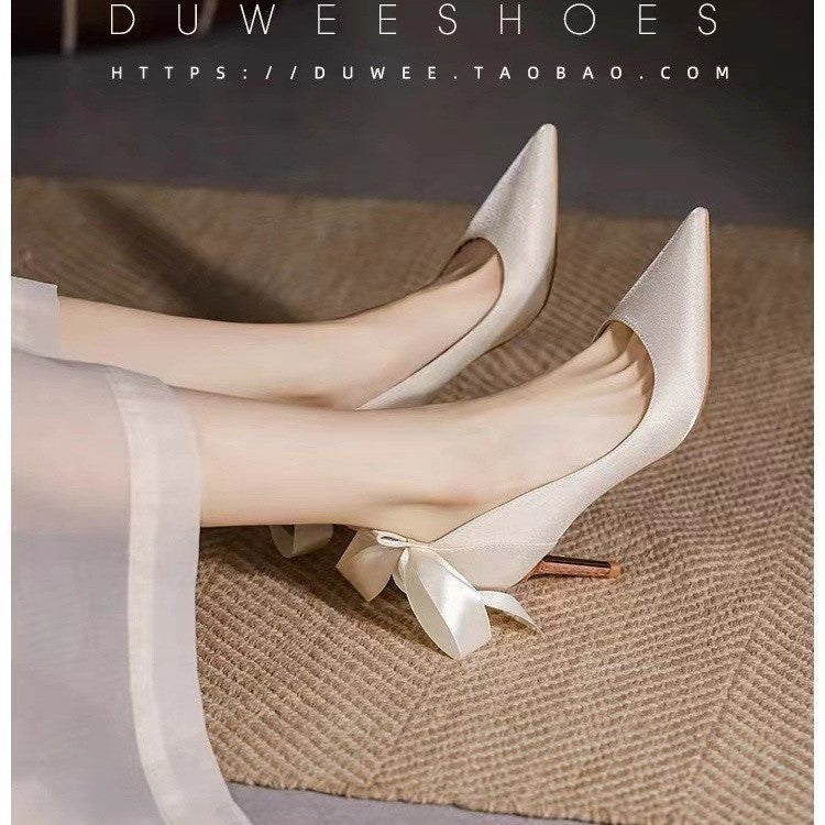 French white high heels women's stiletto wedding shoes with skirt satin wedding shoes bows elegancespring & fall pointed toe flats