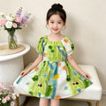 【matching family outfit】girls' summer dress - fresh green bubble sleeve dress for kids, sweet and adorable baby girl clothing