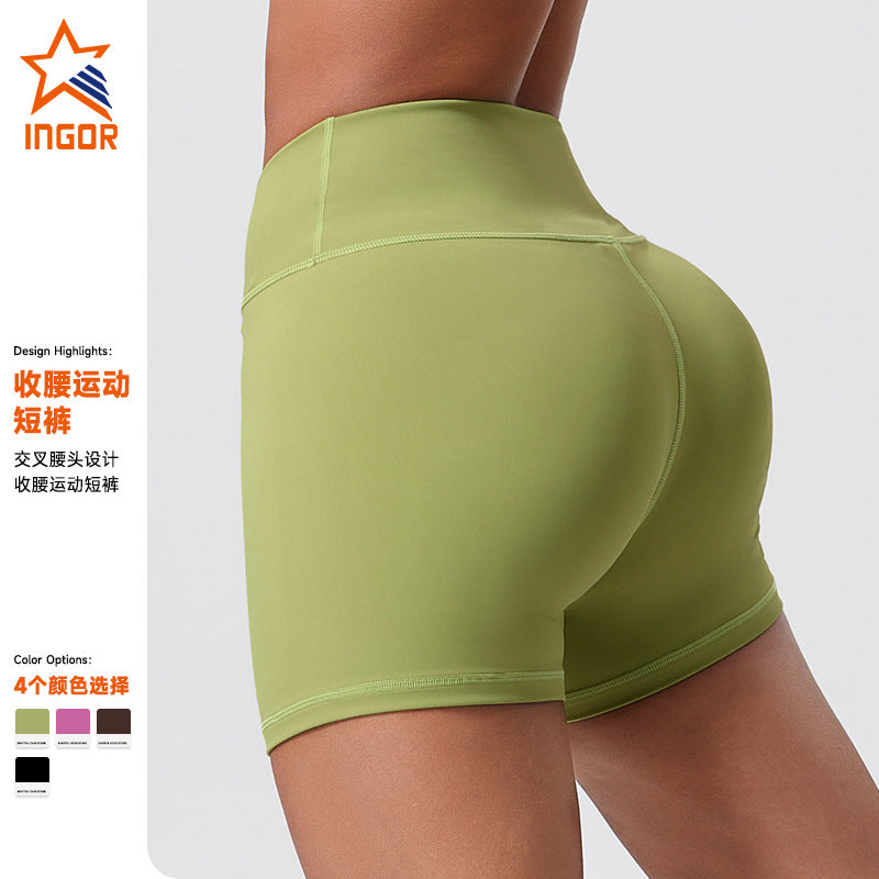 Three-quarter pants pure colorhigh waist tummy control butt lift peach tight fitness sports pants front cross outwear yoga shorts