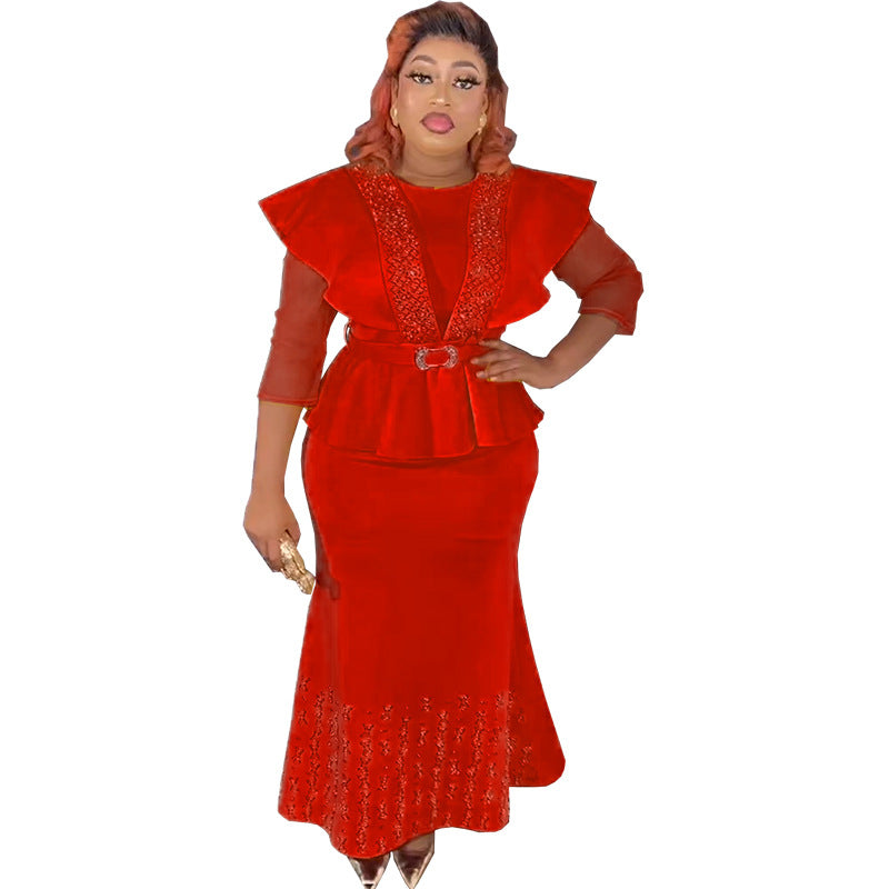 Special offer: african-style cinched waist top with beaded and rhinestone embellished solid color midi skirt - plus size european and american style dress