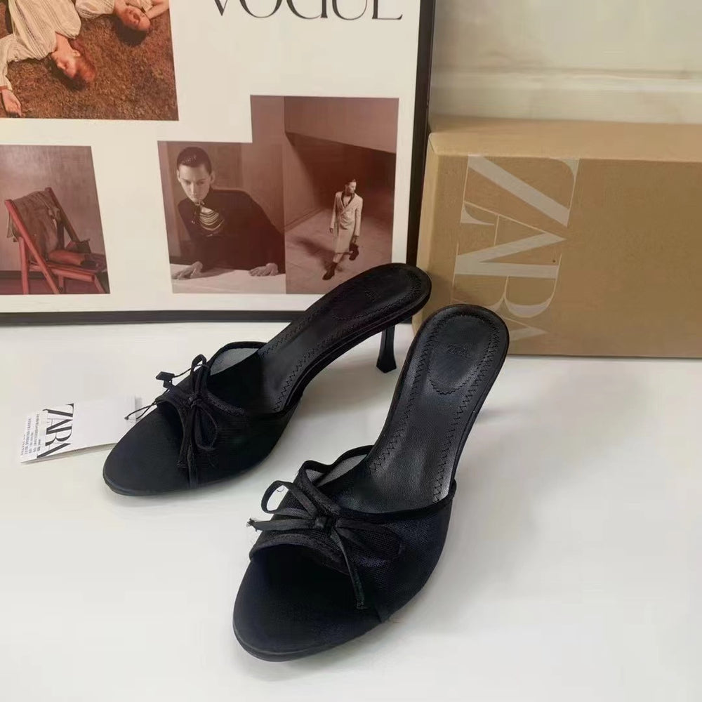 Za summer new 2024 french pointed-toe high heels, single strap bow detail, open toe slingback mules