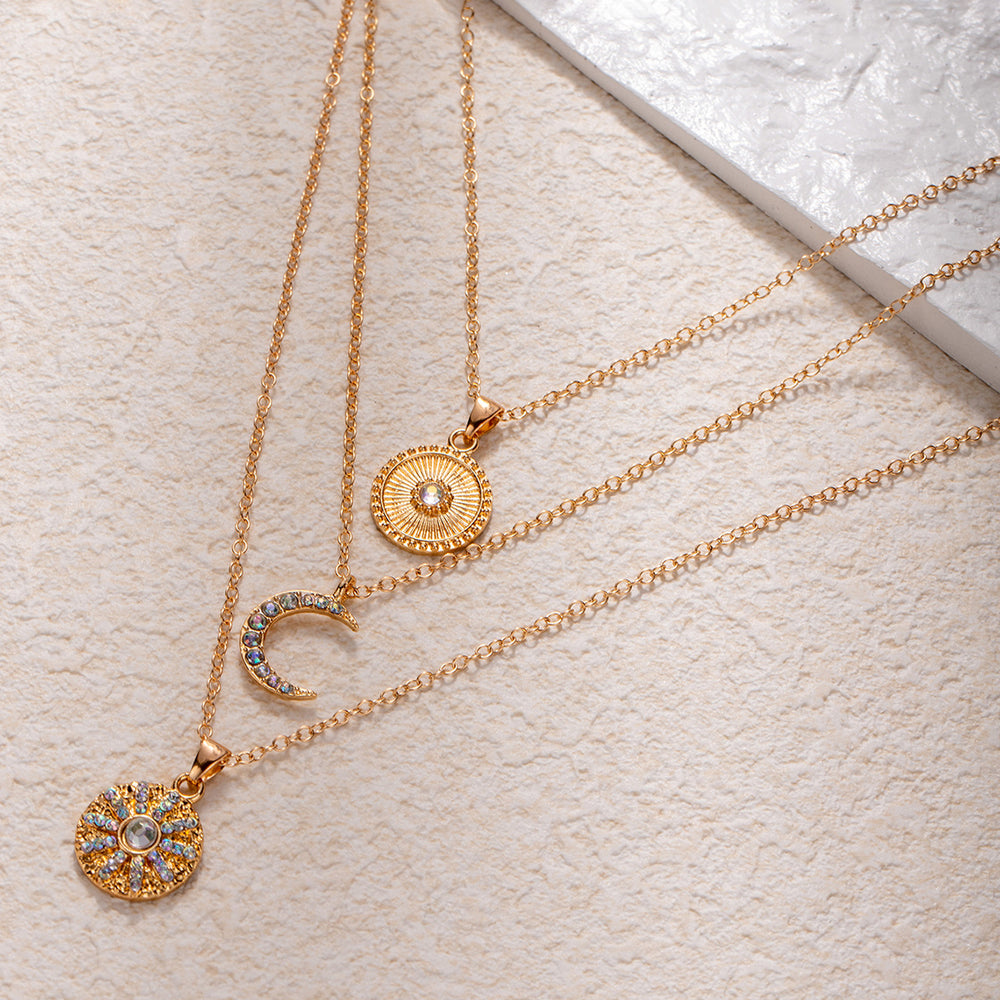 Wholesale diamond-studded necklaces: european & american cross-border jewelry, multi-layered geometric stackable necklaces, light luxury high-end pendant sun choker