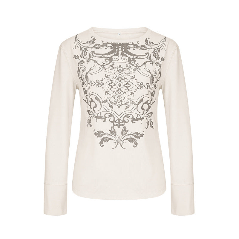 autumn new european and american fashion women's printed waffle knit crew neck pullover casual base layer top