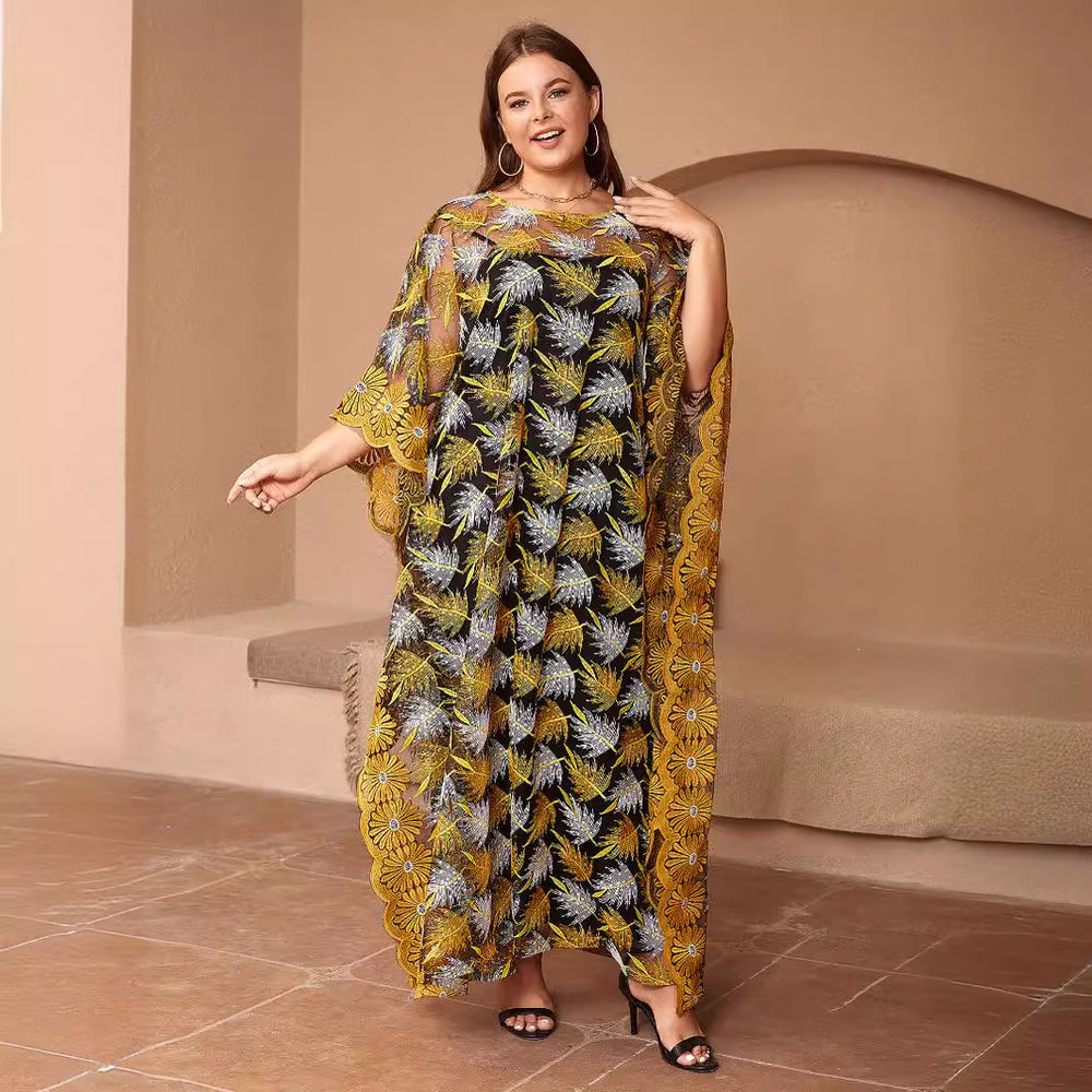 Plus size ethnic style lace embroidered batwing maxi dress african women's two-piece set - high quality