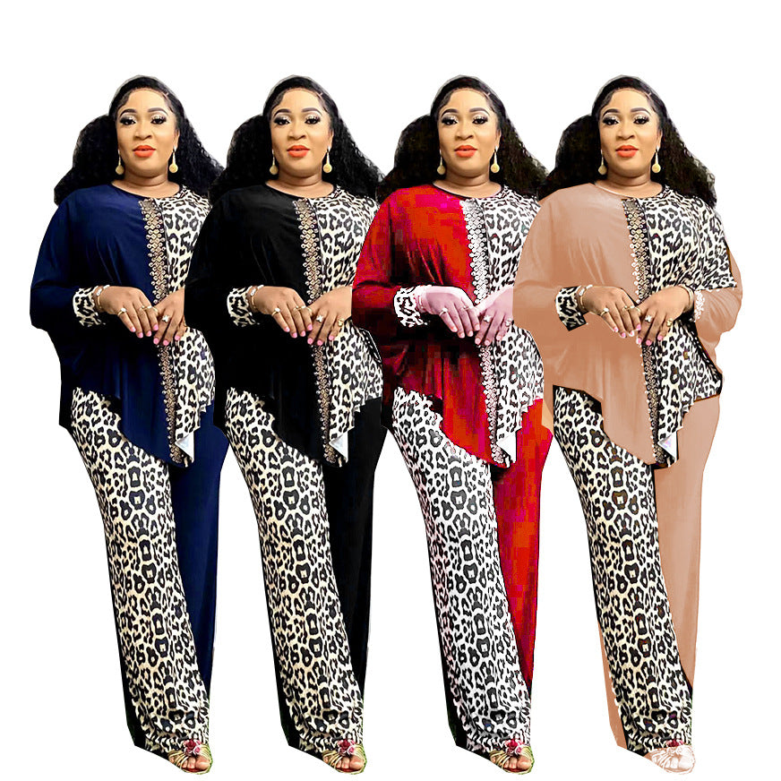 Leopard print patchwork batwing top and pants set - cross-border sourcing - african women's clothing