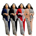 export fashion african plus size loose bat sleeve leopard print color block rhinestone top and pants set