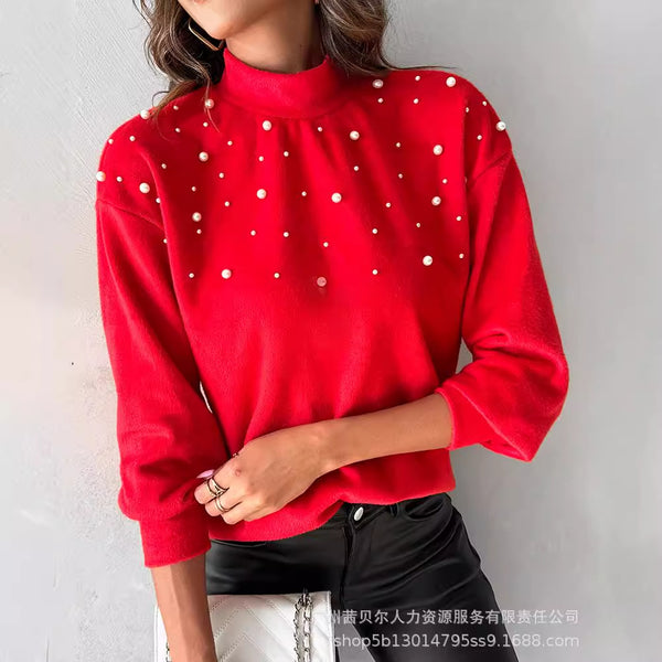 LZS0835D   European and American new beaded turtleneck long-sleeved top