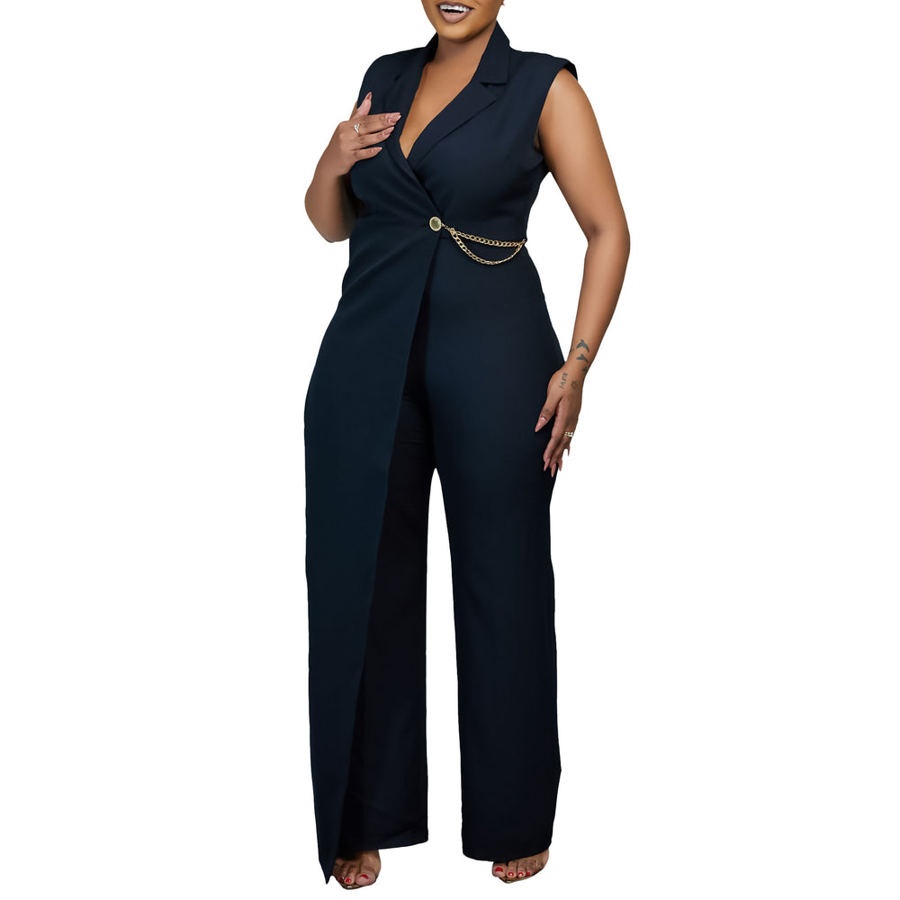 women's fashion: european and american style  summer sleeveless blazer collar elegant chic solid color plus size african jumpsuit