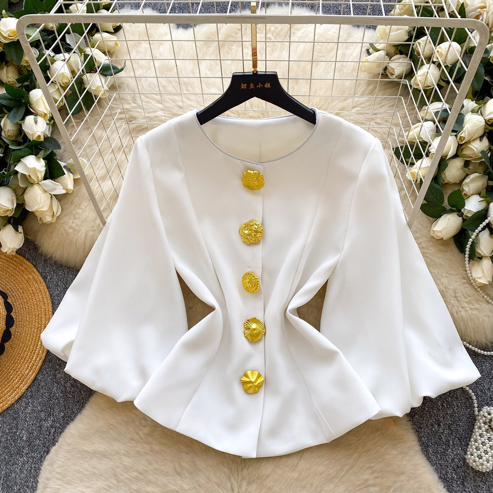Retro style round neck woolenoutwear women's medium longwoolen metal button waist elegantwork clothing light mature style coat