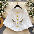 Retro style round neck woolenoutwear women's medium longwoolen metal button waist elegantwork clothing light mature style coat