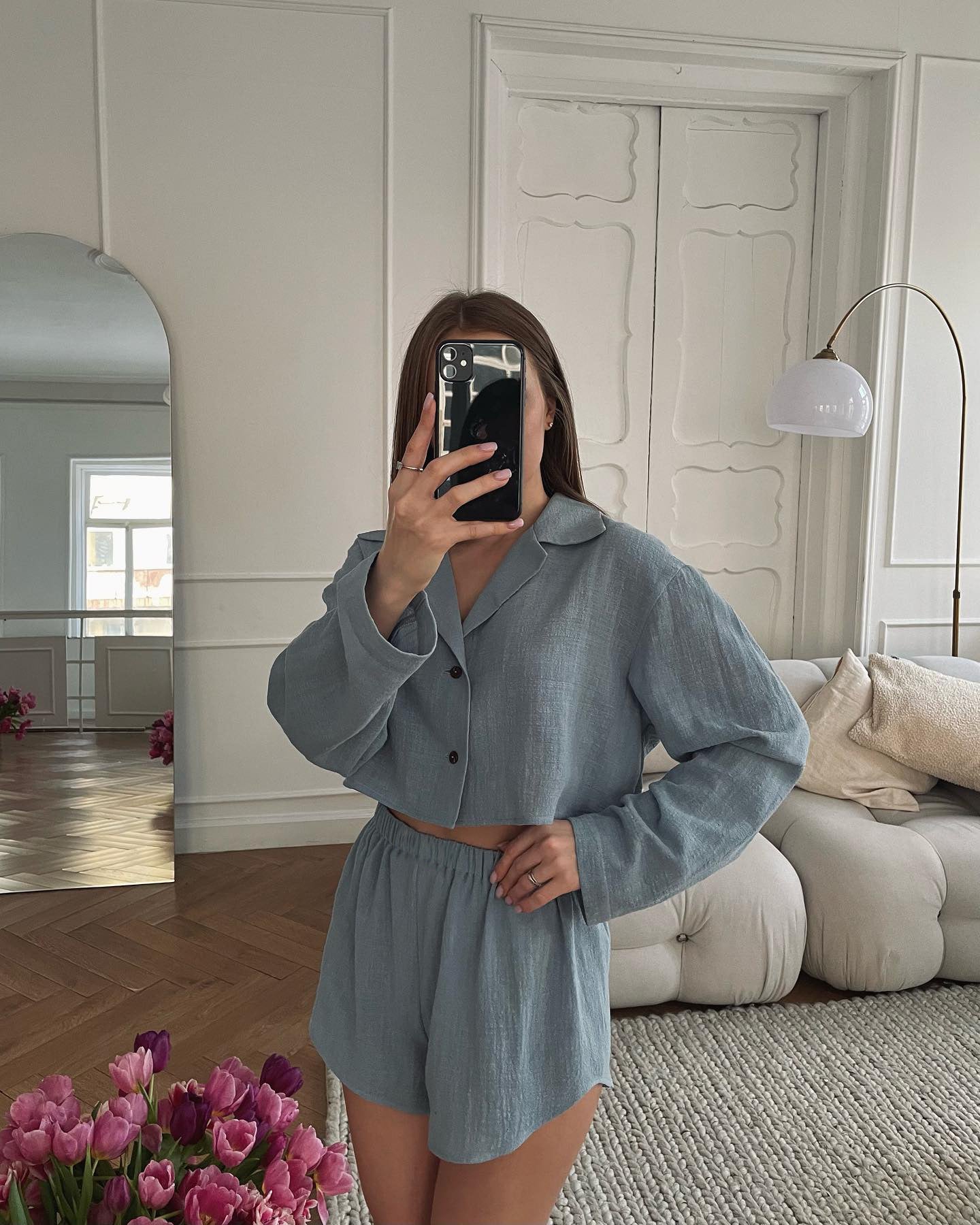 European and American casual women's clothing fashion v-neck long-sleeved cardigan shorts set sexy shorts set women