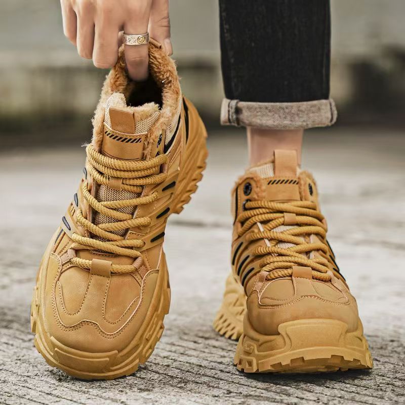 Men's winter fleece-lined warm cotton shoes, thick-soled work shoes, non-slip outdoor sports casual hiking martin boots, trendy footwear