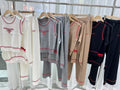 new arrival: letter print sleeveless pullover knit top, cardigan jacket, and casual wide-leg pants three-piece set for women