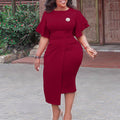 Q072  women's summer new arrival solid color high waist elegant commute ruffle sleeve office european and american style dress