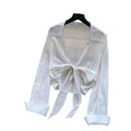 French work clothing style whiteelegantslimming looklong sleevesshirt women's summerloosebowscardigangirltops