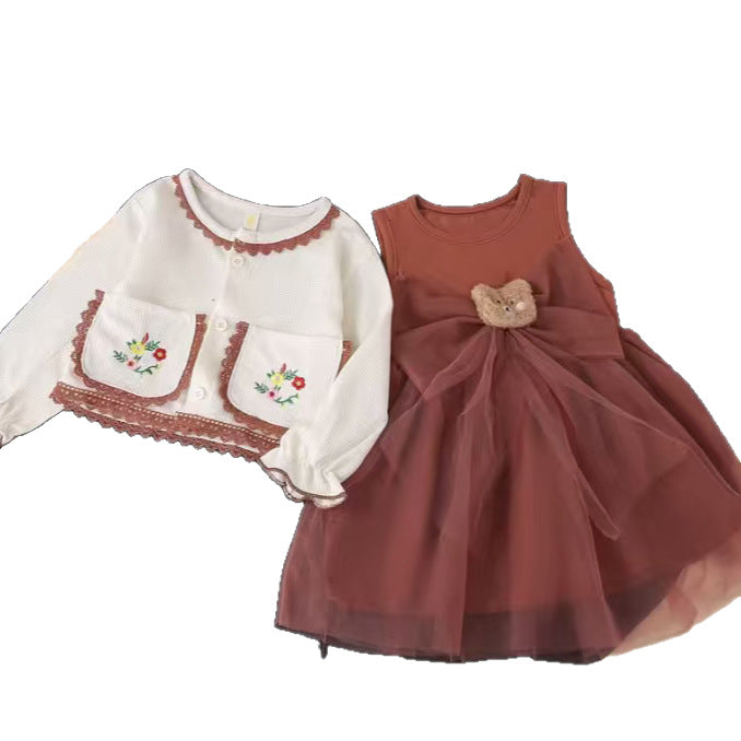 Girls' dress - new autumn collection: stylish long-sleeve dress with floral embroidery, country style cardigan two-piece set, baby girl tulle skirt
