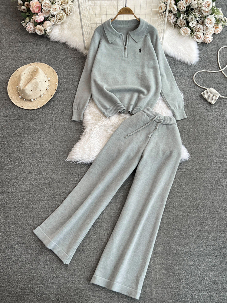 Fashionsuitfemalek-stylelong sleeves lapel looseknitting shirt sweatertwo-piece setcasualhigh waiststraight-legloose pants