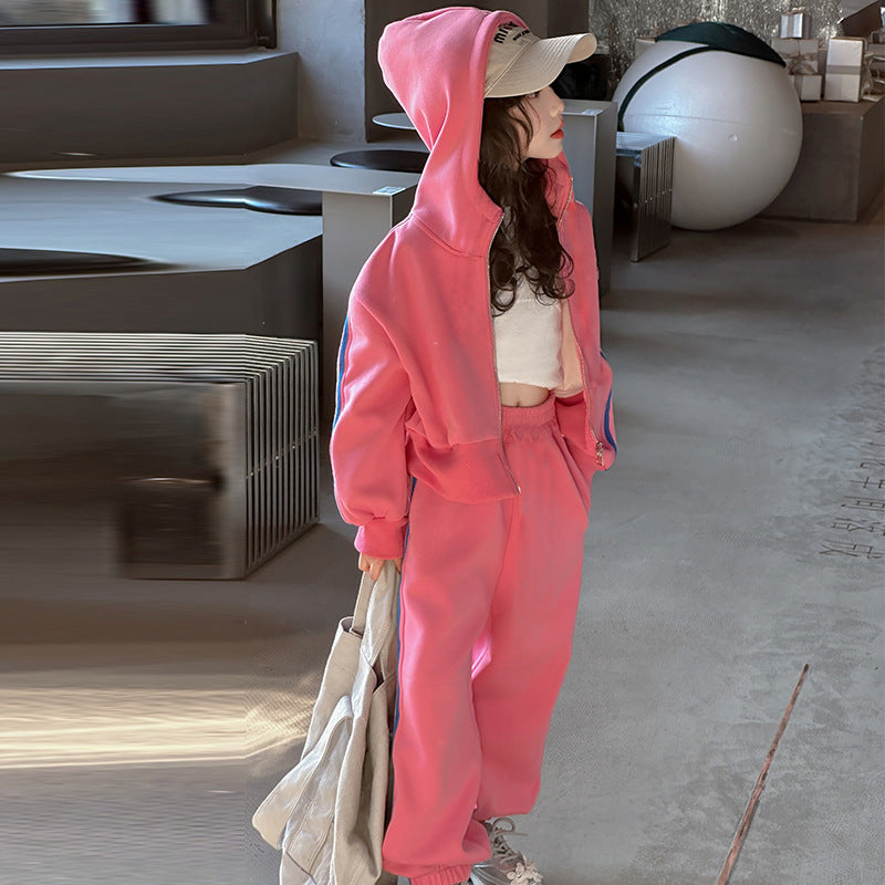 Girls' spring outfit set  new korean style kids' fashionable hooded jacket and sweatpants two-piece trendy set