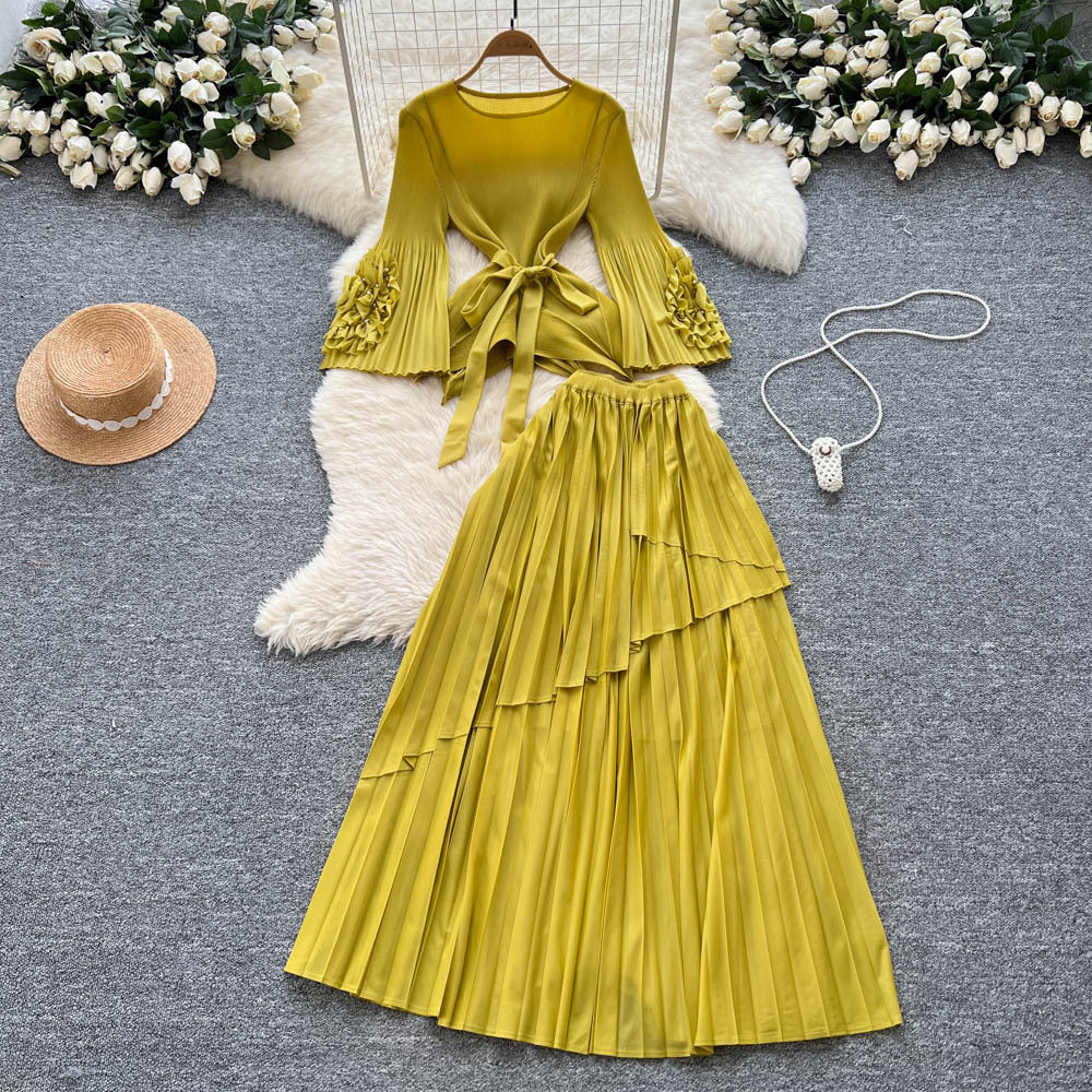 Fashionsense of design strappy waist flared sleeves asymmetrical pleated topshigh waistslimming look large swing skirt suit