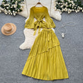 Fashionsense of design strappy waist flared sleeves asymmetrical pleated topshigh waistslimming look large swing skirt suit