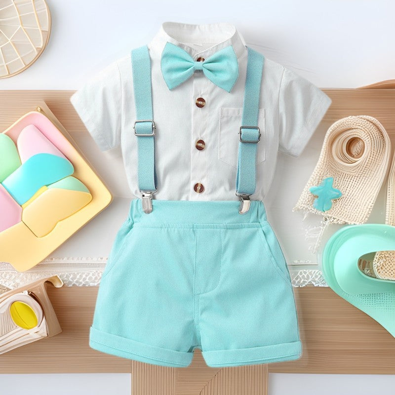 Korean style kids' summer outfit set - baby boy short-sleeve shirt & overalls two-piece set - first birthday party dress - boys' shirt