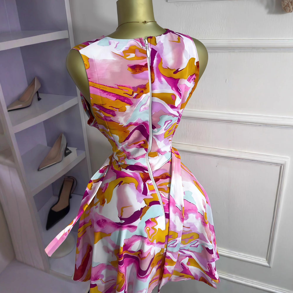 European and american cross-border women's fashion:  autumn new sleeveless off-the-shoulder tie-waist printed mini dress