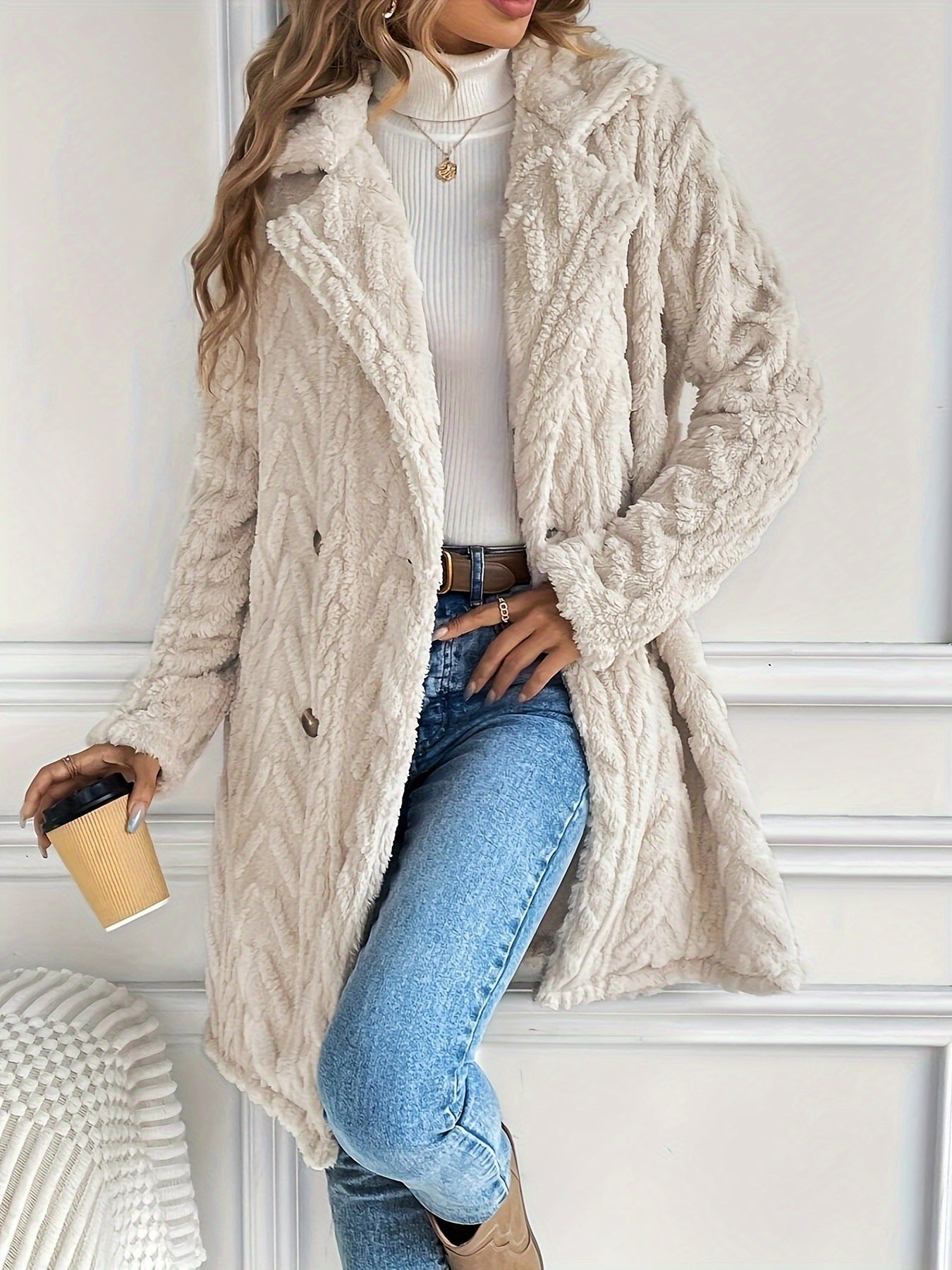 Europe and the United States  popular hot-selling double-sided plush socket casual double-breasted cardigan medium and long coat women~ independent station